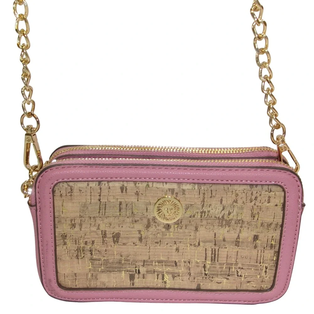 Anne Klein Pink Faux Leather Cork Crossbody Bag Gold Chain Triple Compartment